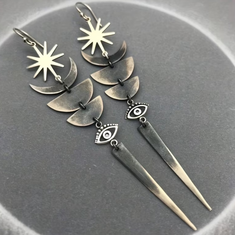 Free People Antique Silver Celestial Eye Drop Earrings